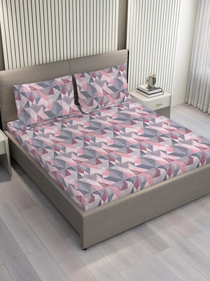 Blossom Microfibre 125 GSM Pink Grey Geometrical 1 Double Size Bedsheet with 2 Pillow Covers