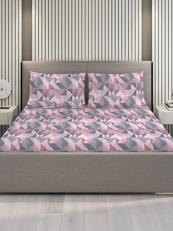 Blossom Microfibre 125 GSM Pink Grey Geometrical 1 Double Size Bedsheet with 2 Pillow Covers