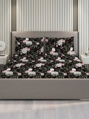 Blossom Microfibre 125 GSM Black Floral 1 Double Size Bedsheet with 2 Pillow Covers