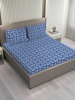 Blossom Microfibre 125 GSM Blue Floral 1 Double Size Bedsheet with 2 Pillow Covers
