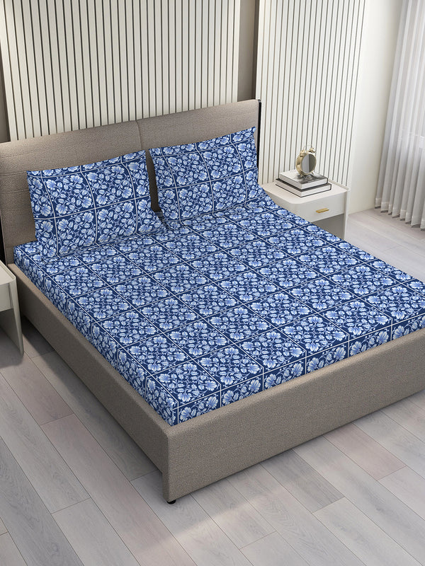 Blossom Microfibre 125 GSM Blue Floral 1 Double Size Bedsheet with 2 Pillow Covers