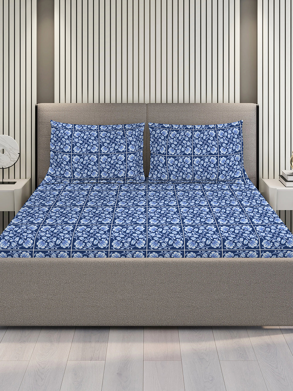 Blossom Microfibre 125 GSM Blue Floral Double Size Bedsheet with 2 Pillow Covers