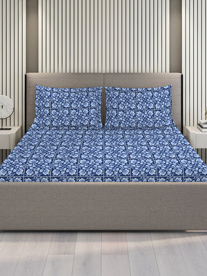 Blossom Microfibre 125 GSM Blue Floral 1 Double Size Bedsheet with 2 Pillow Covers
