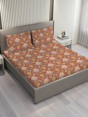 Blossom Microfibre 125 GSM Brown Ethnic 1 Double Size Bedsheet with 2 Pillow Covers