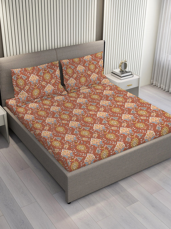 Blossom Microfibre 125 GSM Brown Ethnic 1 Double Size Bedsheet with 2 Pillow Covers