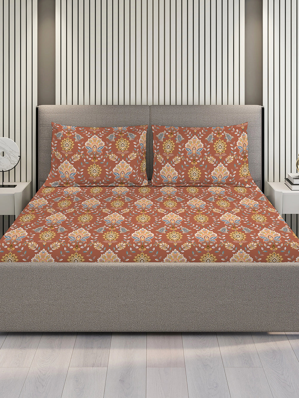 Blossom Microfibre 125 GSM Brown Ethnic Double Size Bedsheet with 2 Pillow Covers