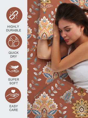 Blossom Microfibre 125 GSM Brown Ethnic 1 Double Size Bedsheet with 2 Pillow Covers