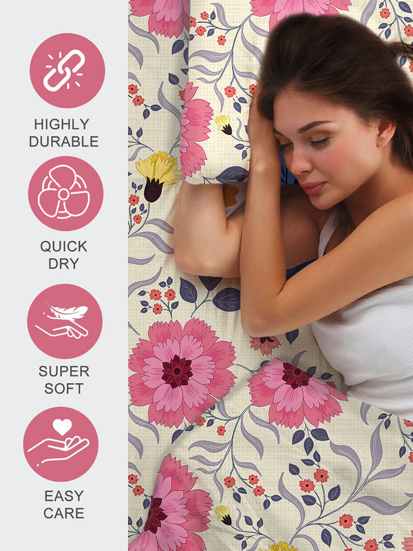 Blossom Microfibre 125 GSM Multicolor Floral 1 Double Size Bedsheet with 2 Pillow Covers
