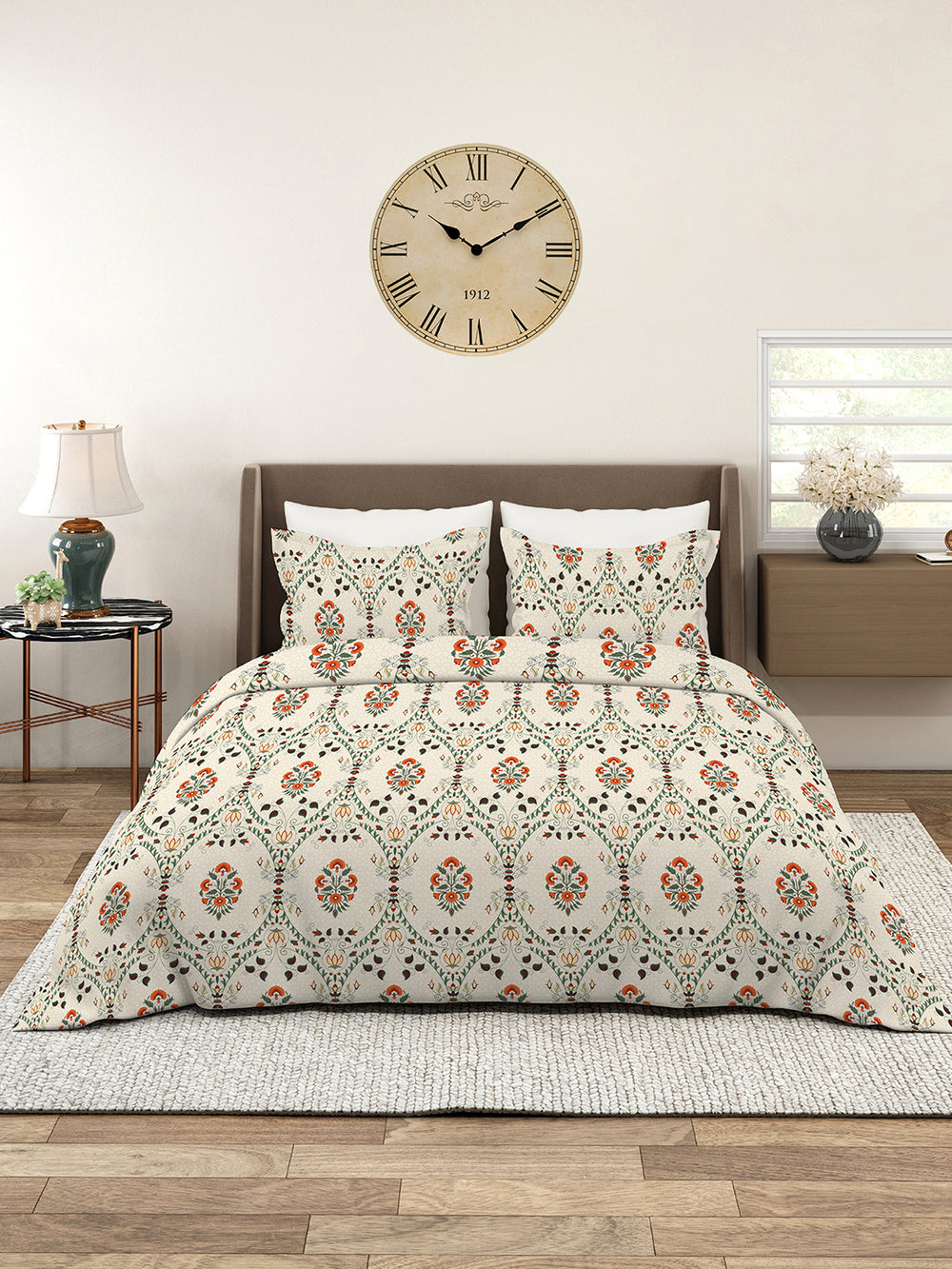 Aura Microfibre 110 GSM Beige Floral King Size Bedsheet with 2 Pillow Covers