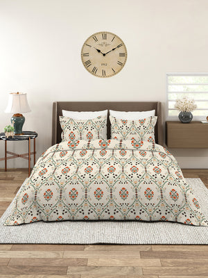 Aura Microfibre 110 GSM Beige Floral King Size Bedsheet with 2 Pillow Covers