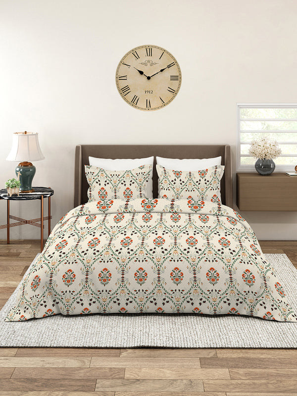 Aura Microfibre 110 GSM Beige Floral King Size Bedsheet with 2 Pillow Covers