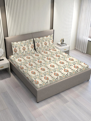 Aura Microfibre 110 GSM Beige Floral King Size Bedsheet with 2 Pillow Covers