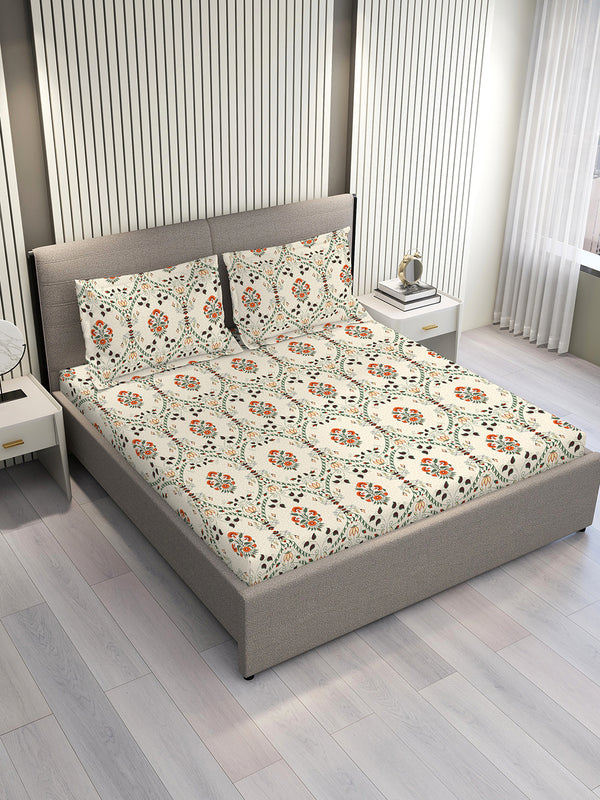 Aura Microfibre 110 GSM Beige Floral King Size Bedsheet with 2 Pillow Covers