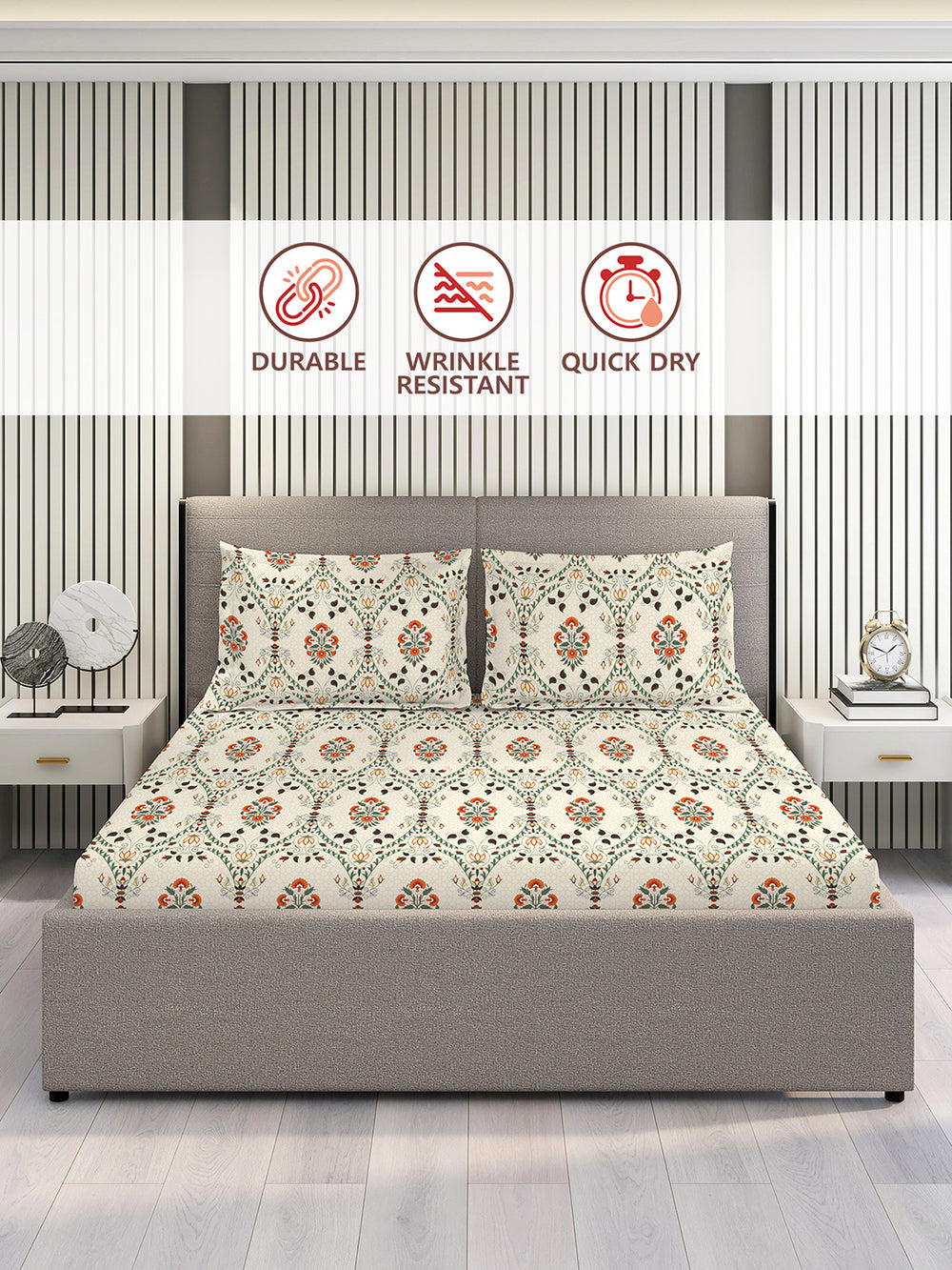 Aura Microfibre 110 GSM Beige Floral King Size Bedsheet with 2 Pillow Covers