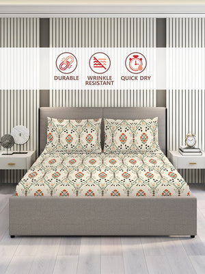 Aura Microfibre 110 GSM Beige Floral King Size Bedsheet with 2 Pillow Covers