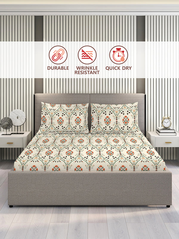 Aura Microfibre 110 GSM Beige Floral King Size Bedsheet with 2 Pillow Covers