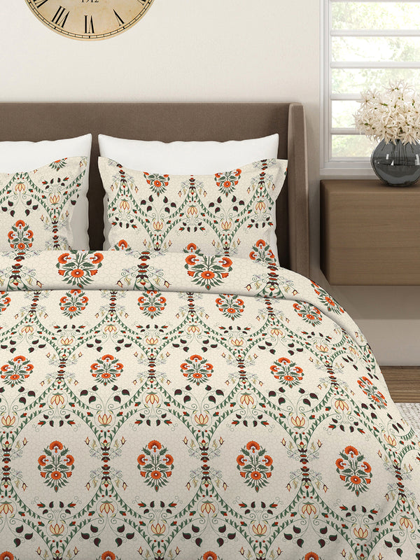 Aura Microfibre 110 GSM Beige Floral King Size Bedsheet with 2 Pillow Covers