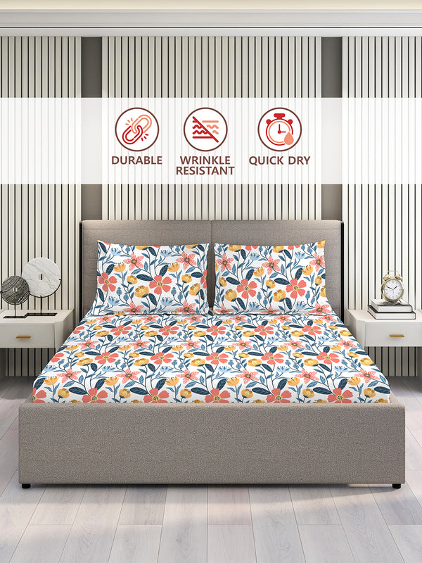 Aura Microfibre 110 GSM Multicolor Floral 1 King Size Bedsheet with 2 Pillow Covers