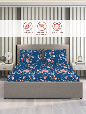 Aura Microfibre 110 GSM Navy Floral 1 King Size Bedsheet with 2 Pillow Covers