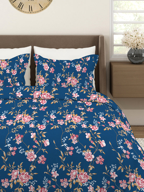 Aura Microfibre 110 GSM Navy Floral 1 King Size Bedsheet with 2 Pillow Covers
