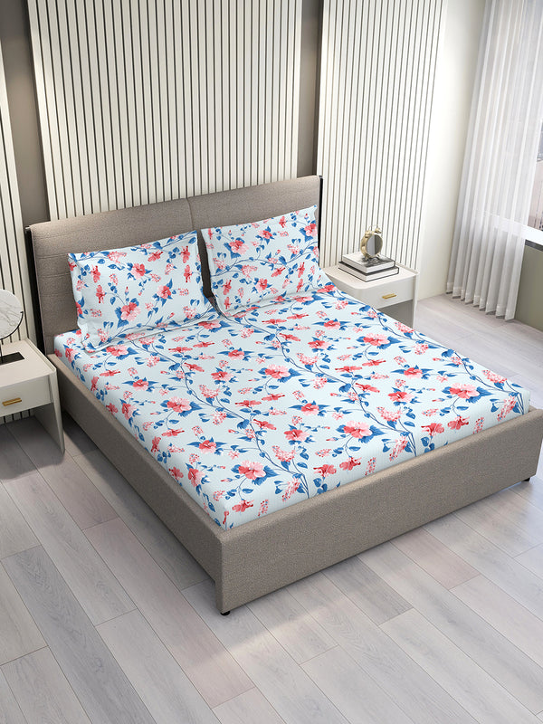 Aura Microfibre 110 GSM Blue Floral 1 King Size Bedsheet with 2 Pillow Covers