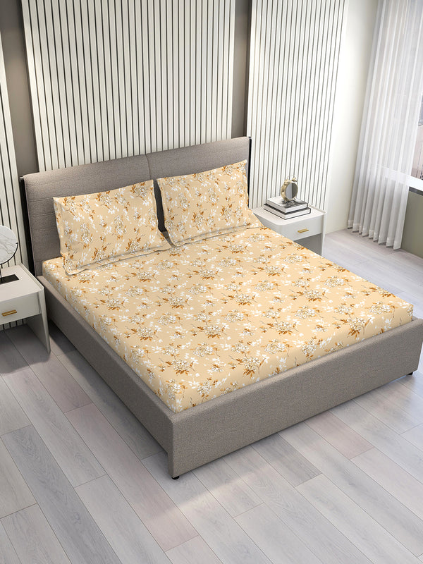 Aura Microfibre 110 GSM Beige Floral 1 King Size Bedsheet with 2 Pillow Covers