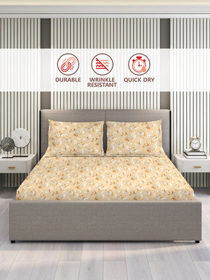 Aura Microfibre 110 GSM Beige Floral 1 King Size Bedsheet with 2 Pillow Covers