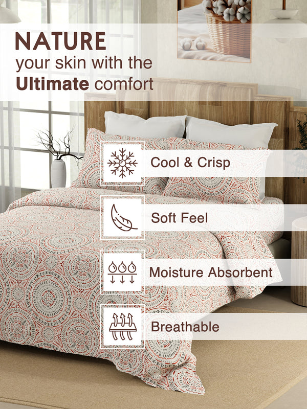 Serenity 100% Cotton 200 TC Red Grey Ethnic Double Size Bedsheet with 2 Pillow Covers (Lodhi Medallion)