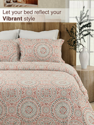 Serenity 100% Cotton 200 TC Red Grey Ethnic Double Size Bedsheet with 2 Pillow Covers (Lodhi Medallion)