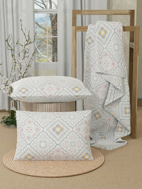 Serenity 100% Cotton 200 TC Blue Ethnic King Size Bedsheet with 2 Pillow Covers (Landour Tile)