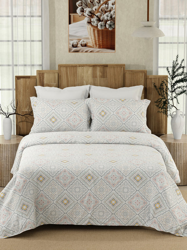 Serenity 100% Cotton 200 TC Blue Ethnic King Size Bedsheet with 2 Pillow Covers (Landour Tile)
