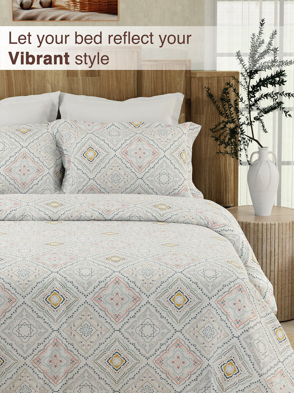 Serenity 100% Cotton 200 TC Blue Ethnic King Size Bedsheet with 2 Pillow Covers (Landour Tile)