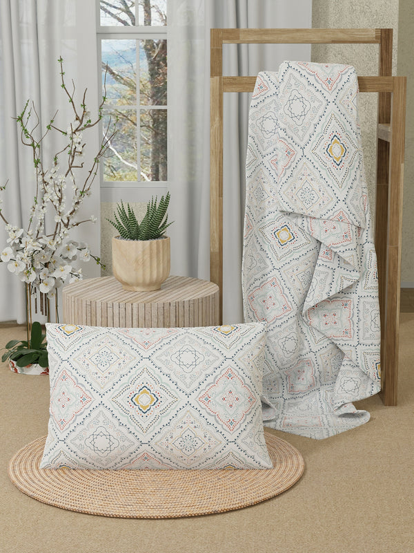 Serenity 100% Cotton 200 TC Blue Ethnic Single Size Bedsheet with 1 Pillow Cover (Landour Tile)