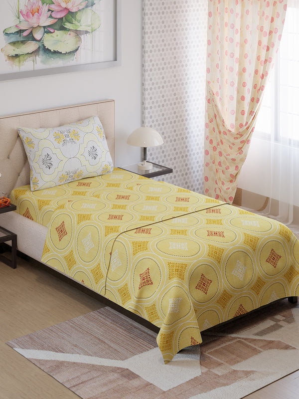 Ivy Microfibre 125 GSM Yellow Ethnic 1 Single Size Bedsheet with 1 Pillow Cover