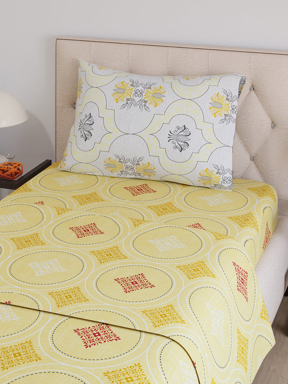 Ivy Microfibre 125 GSM Yellow Ethnic 1 Single Size Bedsheet with 1 Pillow Cover