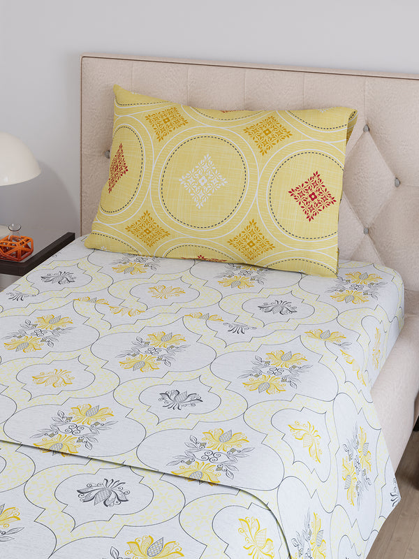 Ivy Microfibre 125 GSM White Ethnic 1 Single Size Bedsheet with 1 Pillow Cover