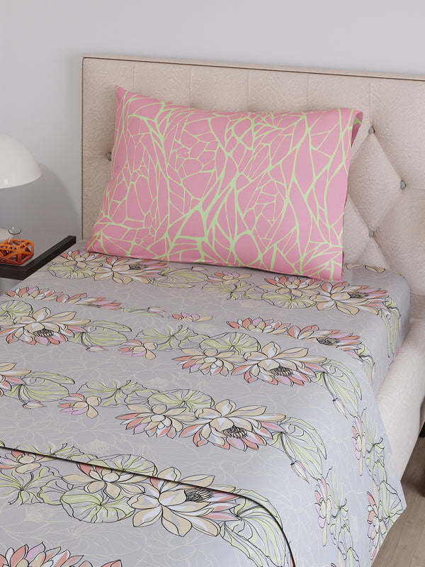 Ivy Microfibre 125 GSM Grey Floral 1 Single Size Bedsheet with 1 Pillow Cover
