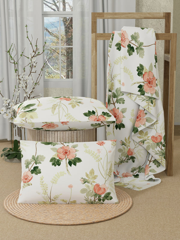 Double Size Bedsheet Set, 100% Cotton 200 TC White Botanical Floral Printed