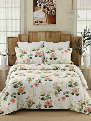Double Size Bedsheet Set, 100% Cotton 200 TC White Botanical Floral Printed