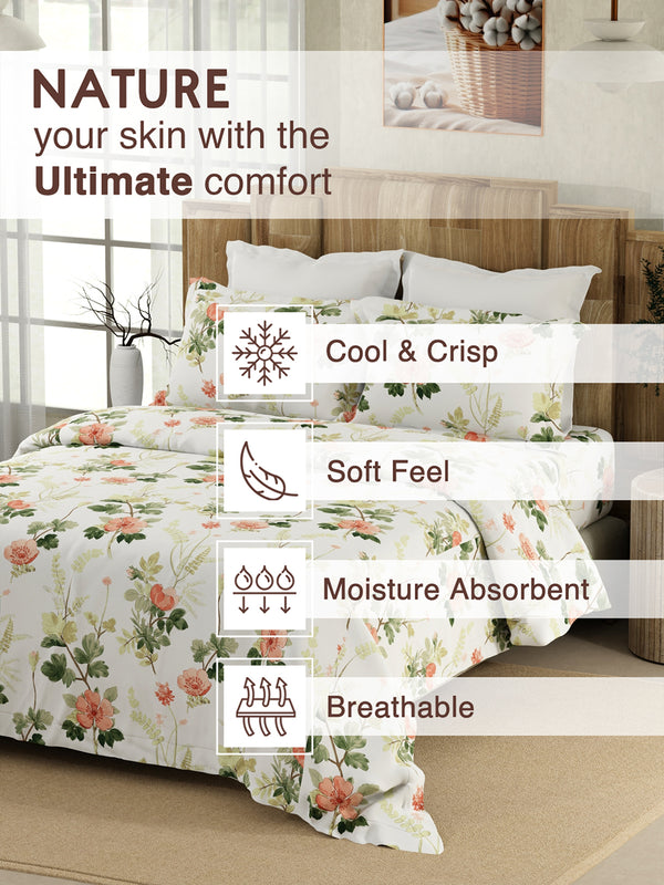 Double Size Bedsheet Set, 100% Cotton 200 TC White Botanical Floral Printed
