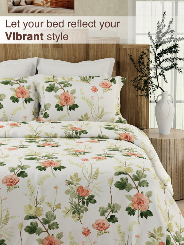 Double Size Bedsheet Set, 100% Cotton 200 TC White Botanical Floral Printed