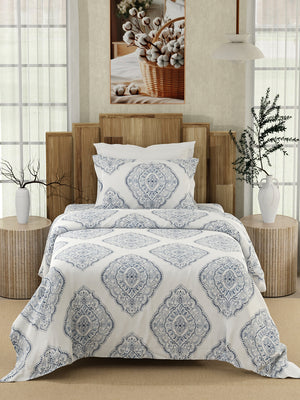 Serenity 100% Cotton 200 TC Ethnic Single Size Bedsheet with 1 Pillow Cover (Caprice Indigo)