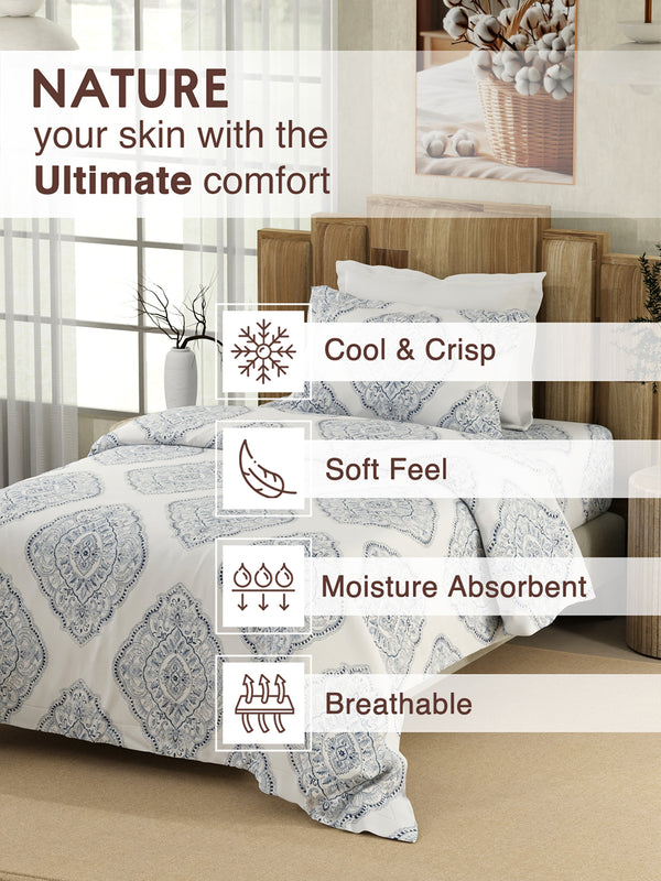 Serenity 100% Cotton 200 TC Ethnic Single Size Bedsheet with 1 Pillow Cover (Caprice Indigo)
