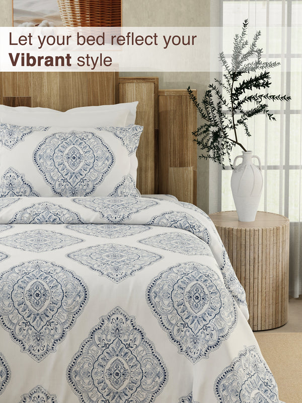 Serenity 100% Cotton 200 TC Ethnic Single Size Bedsheet with 1 Pillow Cover (Caprice Indigo)