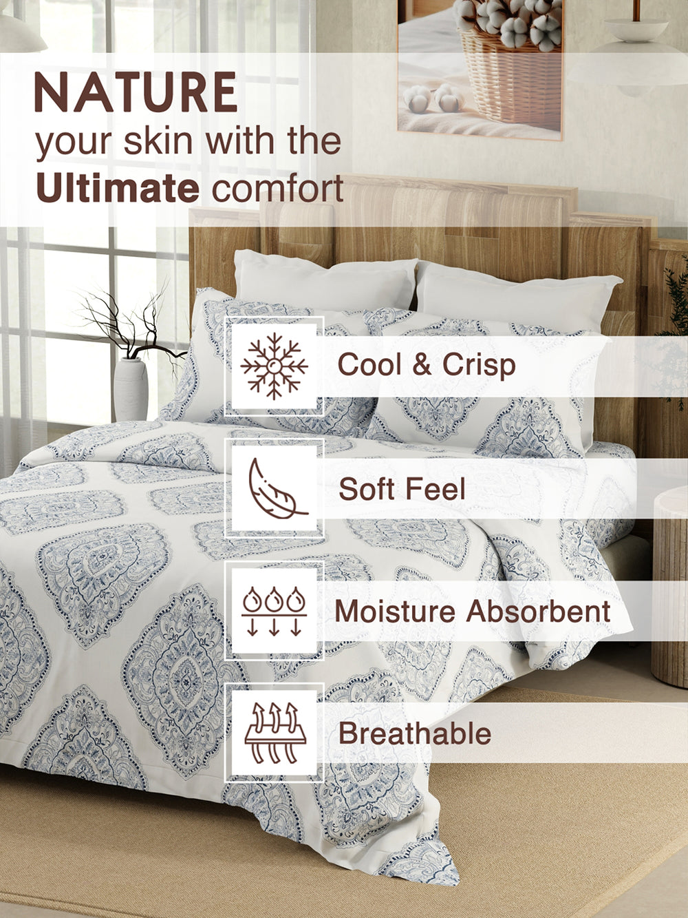 Double Size Bedsheet Set, 100% Cotton 200 TC Indigo Caprice Ethnic Printed