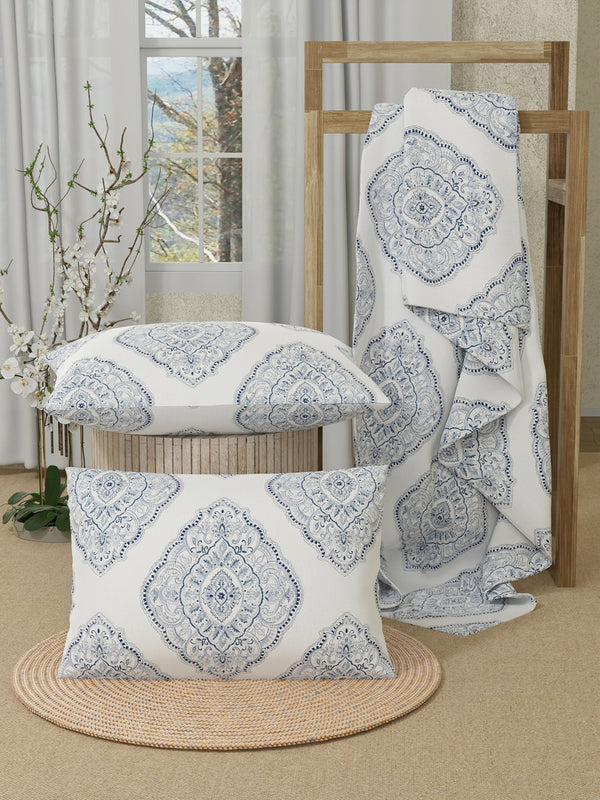 Serenity 100% Cotton 200 TC Blue White Ethnic 1 King Size Bedsheet with 2 Pillow Covers
