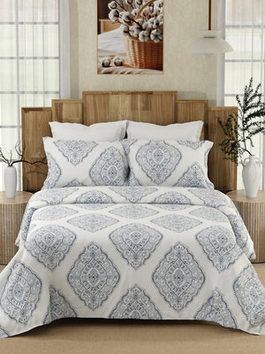 Serenity 100% Cotton 200 TC Blue White Ethnic 1 King Size Bedsheet with 2 Pillow Covers