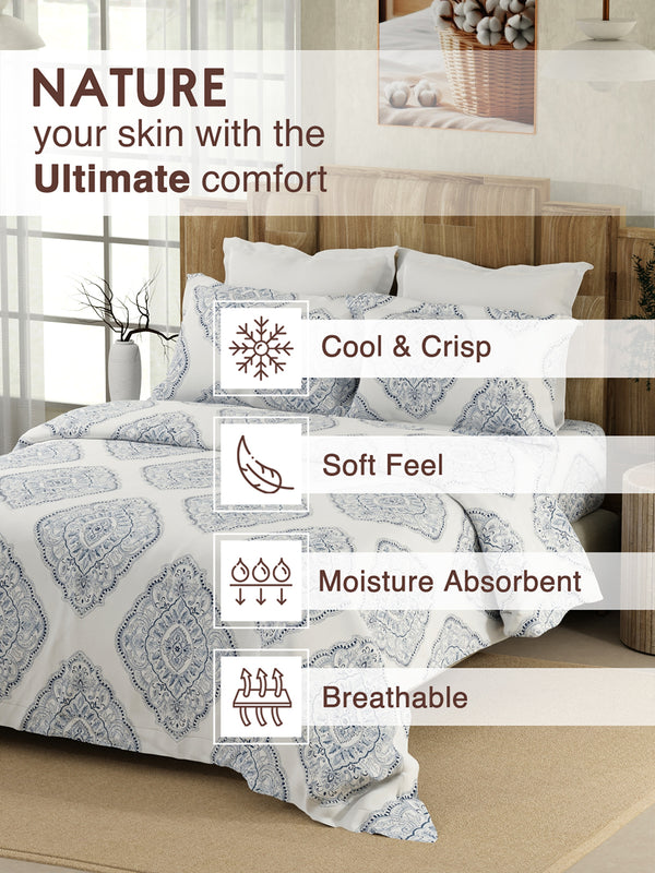 Serenity 100% Cotton 200 TC Blue White Ethnic 1 King Size Bedsheet with 2 Pillow Covers