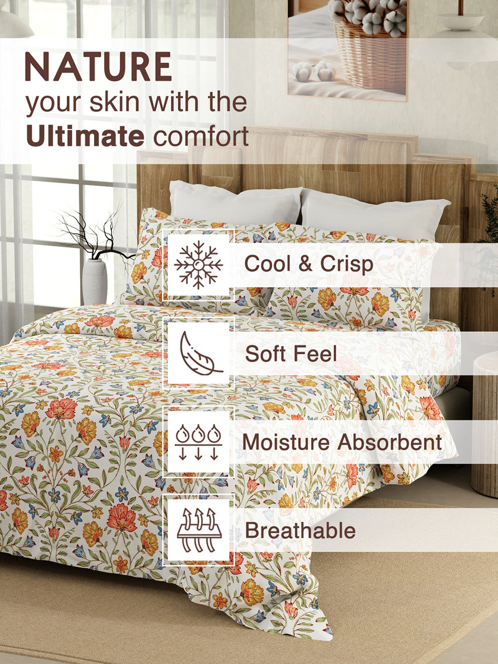 Double Size Bedsheet Set, 100% Cotton 200 TC Multicolor Jacobean Floral Printed