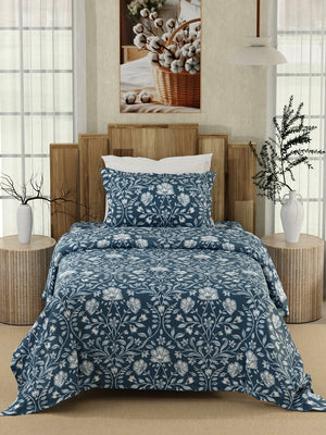 Serenity 100% Cotton 200 TC Navy Single Size Bedsheet with 1 Pillow Cover (Adorn Floral)